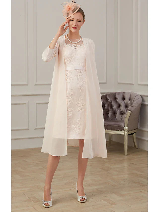 Wholesale Mother of the Bride Dress Elegant Jewel Neck Knee Length Chiffon Long Sleeve with Appliques Ruching