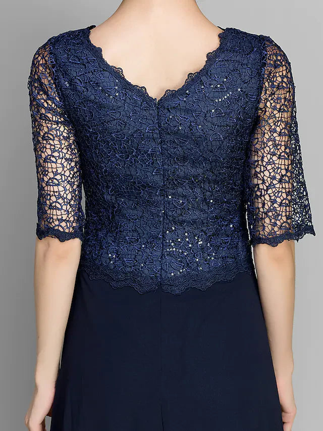 Wholesale Mother of the Bride Dress See Through Jewel Neck Ankle Length Chiffon Half Sleeve with Lace Pleats