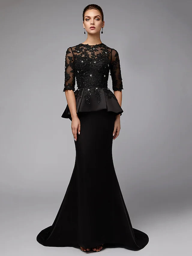Wholesale Mother of the Bride Dress Sexy See Through Jewel Neck Lace Satin Half Sleeve with Beading Appliques