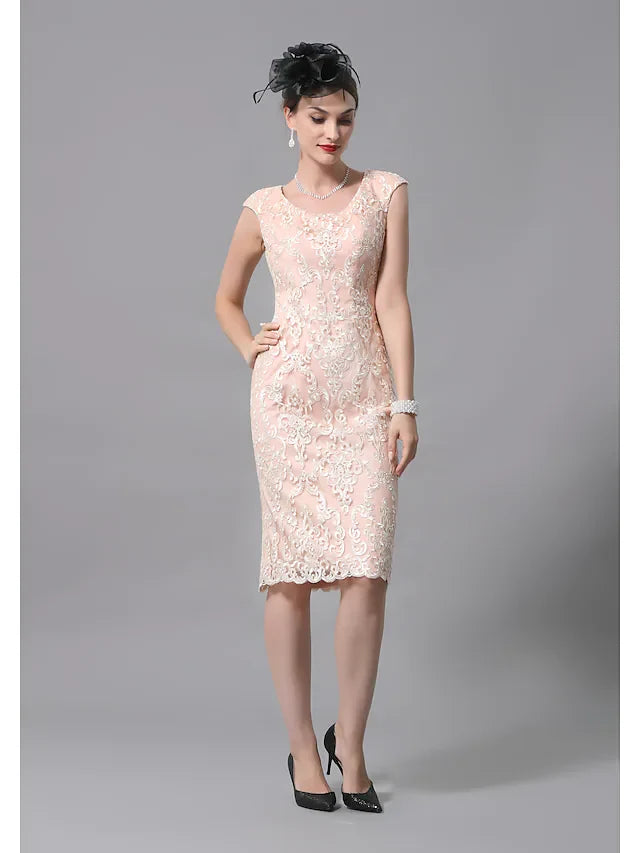Wholesale Two Piece A-Line Mother of the Bride Dress Wrap Included Jewel Neck Knee Length Lace Half Sleeve with Appliques