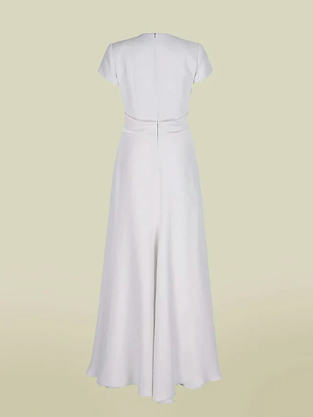 Wholesale A-Line Mother of the Bride Dress Elegant V Neck Floor Length Charmeuse Short Sleeve with Pleats