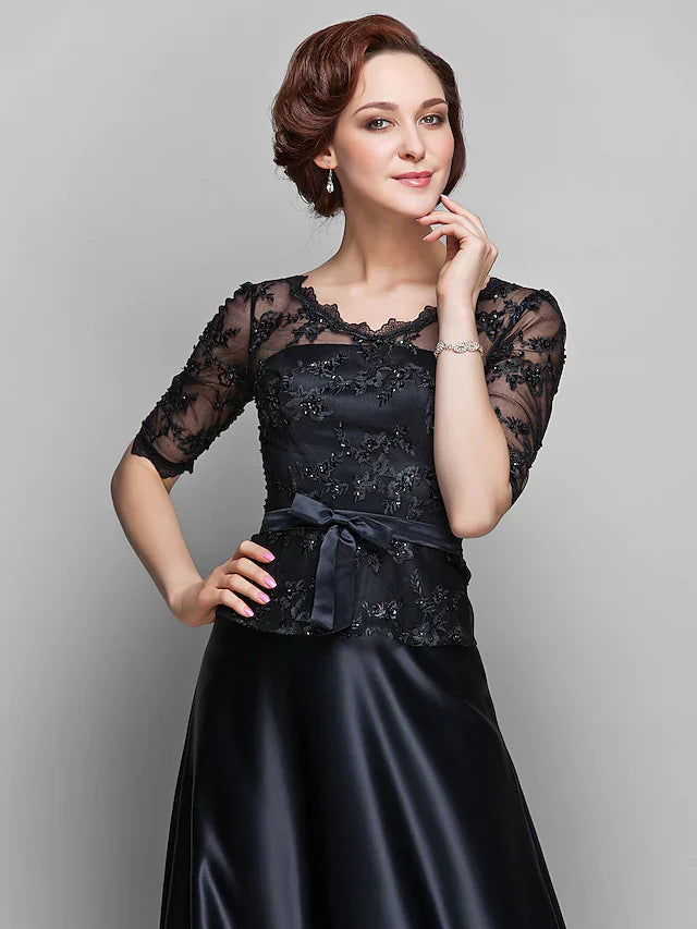 Wholesale A-Line Mother of the Bride Dress See Through V Neck Floor Length Lace Satin Half Sleeve with Lace Bow(s) Beading
