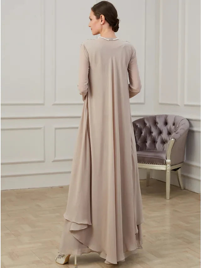 Wholesale A-Line Mother of the Bride Dress Elegant Jewel Neck Floor Length Polyester Long Sleeve with Appliques