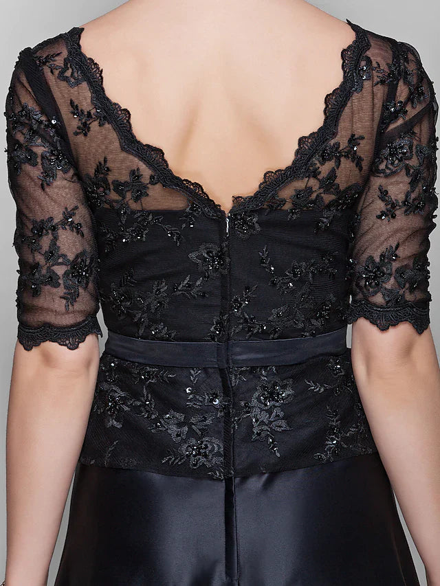 Wholesale A-Line Mother of the Bride Dress See Through V Neck Floor Length Lace Satin Half Sleeve with Lace Bow(s) Beading