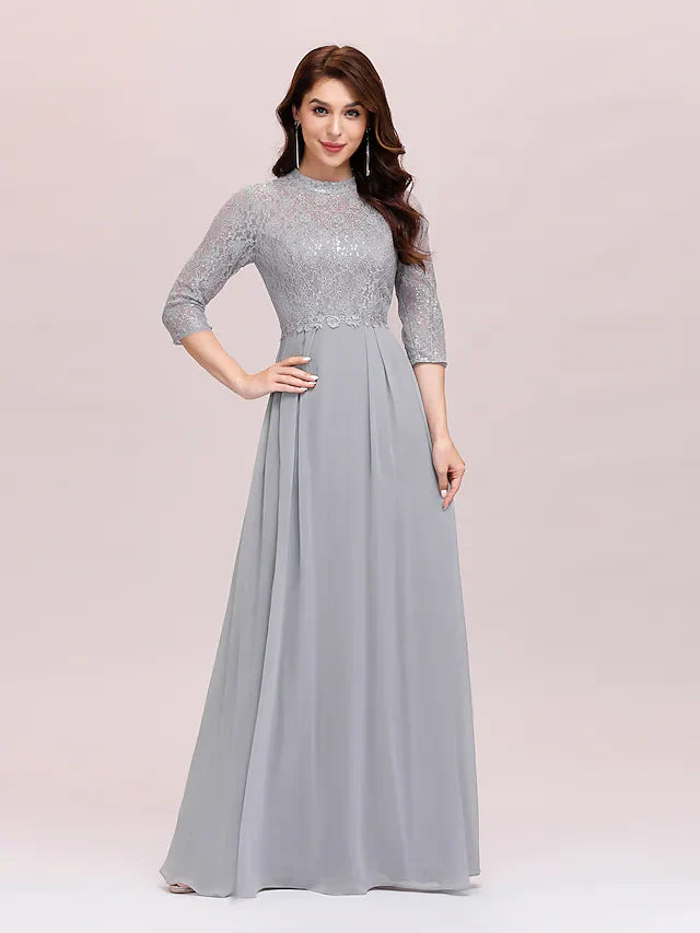 Wholesale A-Line Mother of the Bride Dress Plus Size Elegant Jewel Neck Floor Length Chiffon Lace Length Sleeve with Lace