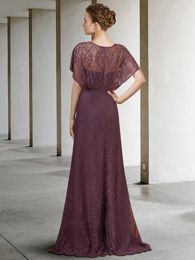 Wholesale Mother of the Bride Dress Elegant Jewel Neck Floor Length Lace Short Sleeve with Pleats