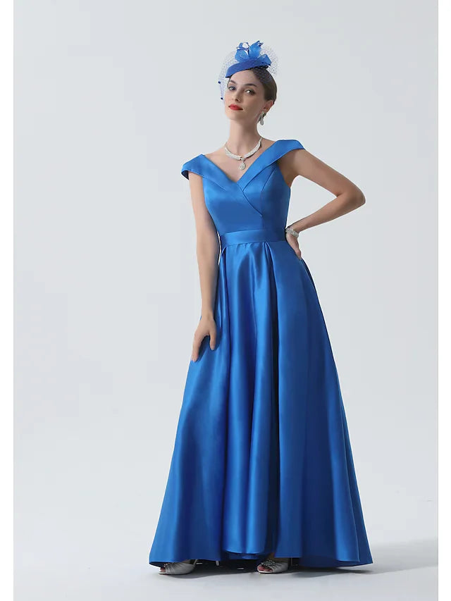 Wholesale A-Line Mother of the Bride Dress Elegant Off Shoulder Asymmetrical Satin Short Sleeve with Pleats