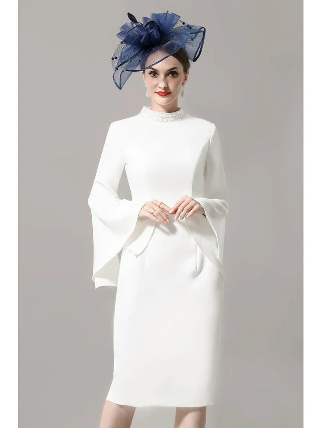 Wholesale Mother of the Bride Dress Wrap Included High Neck Knee Length Jersey 3/4 Length Sleeve with Crystals