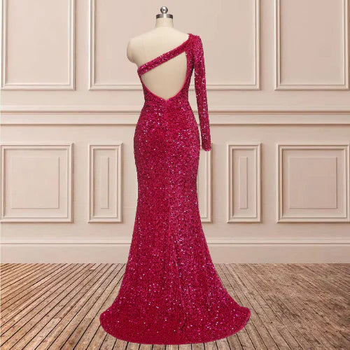 Wholesale Glitter One Shoulder Sequins Long Sleeves Prom Dresses With Slit