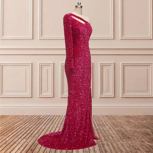 Wholesale Glitter One Shoulder Sequins Long Sleeves Prom Dresses With Slit