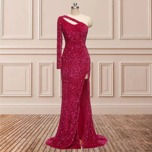 Wholesale Glitter One Shoulder Sequins Long Sleeves Prom Dresses With Slit