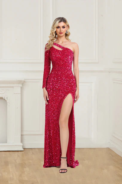 Wholesale Glitter One Shoulder Sequins Long Sleeves Prom Dresses With Slit