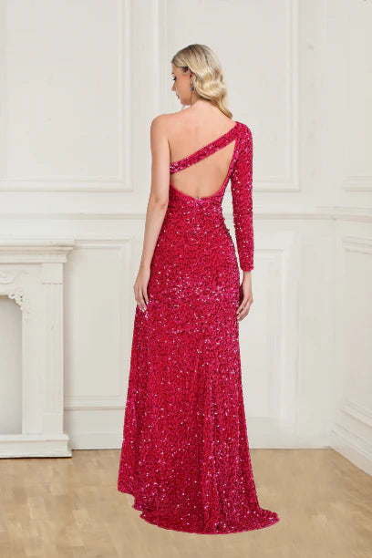 Wholesale Glitter One Shoulder Sequins Long Sleeves Prom Dresses With Slit