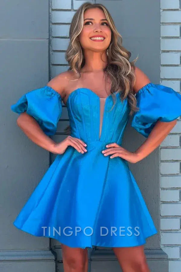 TingPo Wholesale Elegant Glitter A-Line Off Shoulder Detachable Half Puffy Sleeves Mini Party Dress Short Homecoming Dress formal wear dresses