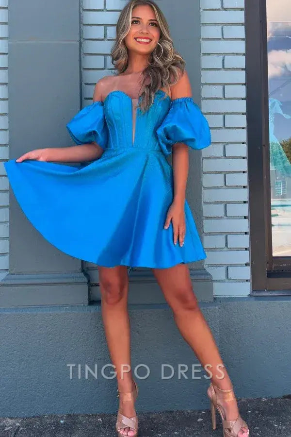 TingPo Wholesale Elegant Glitter A-Line Off Shoulder Detachable Half Puffy Sleeves Mini Party Dress Short Homecoming Dress formal wear dresses