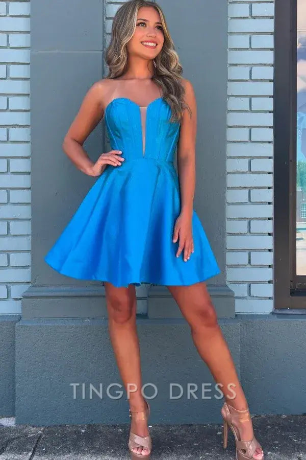 TingPo Wholesale Elegant Glitter A-Line Off Shoulder Detachable Half Puffy Sleeves Mini Party Dress Short Homecoming Dress formal wear dresses