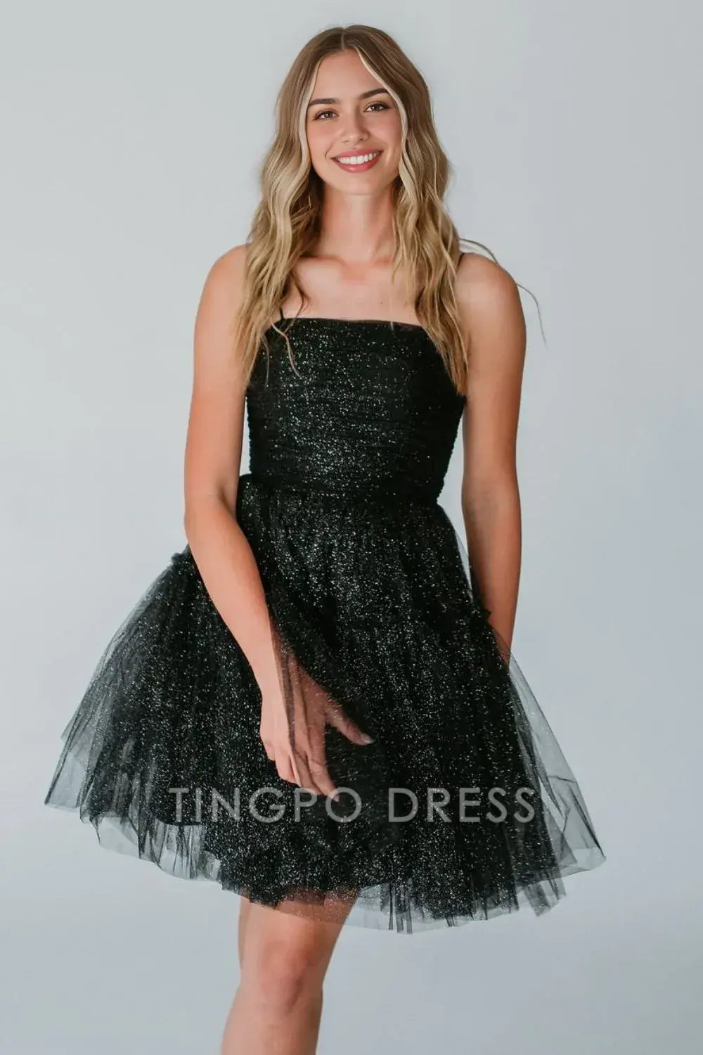 TingPo Wholesale Elegant Glitter Black A-Line Spaghetti Straps Lace Up Short Tulle Homecoming Dress formal wear dresses