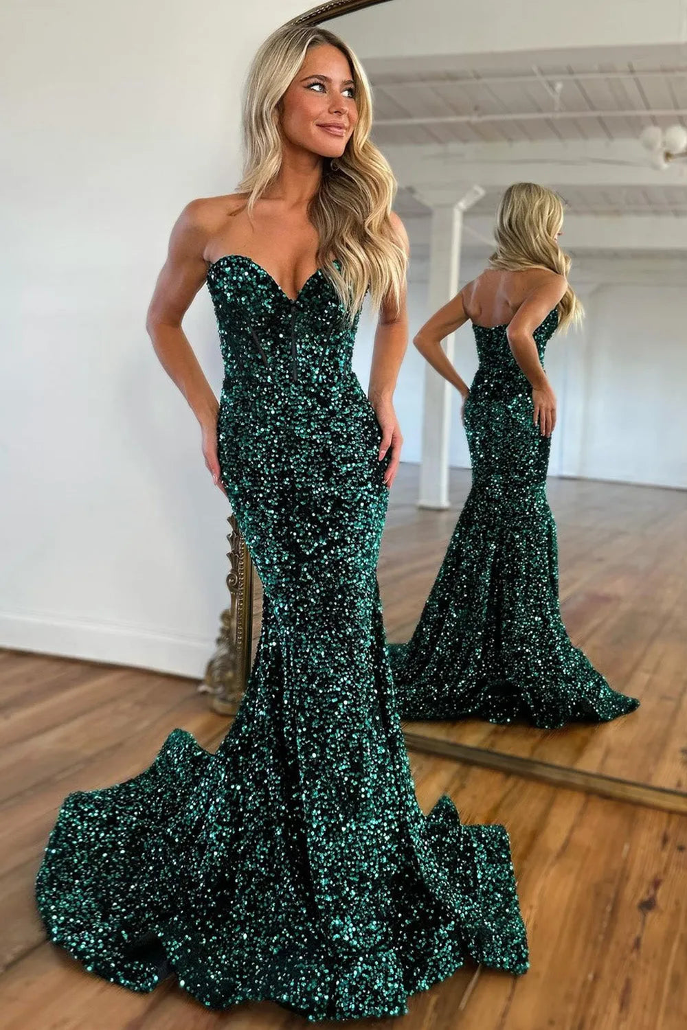 Wholesale Glitter Sequin Dark Green Mermaid Sweetheart Long Prom Party Dress prom clothing