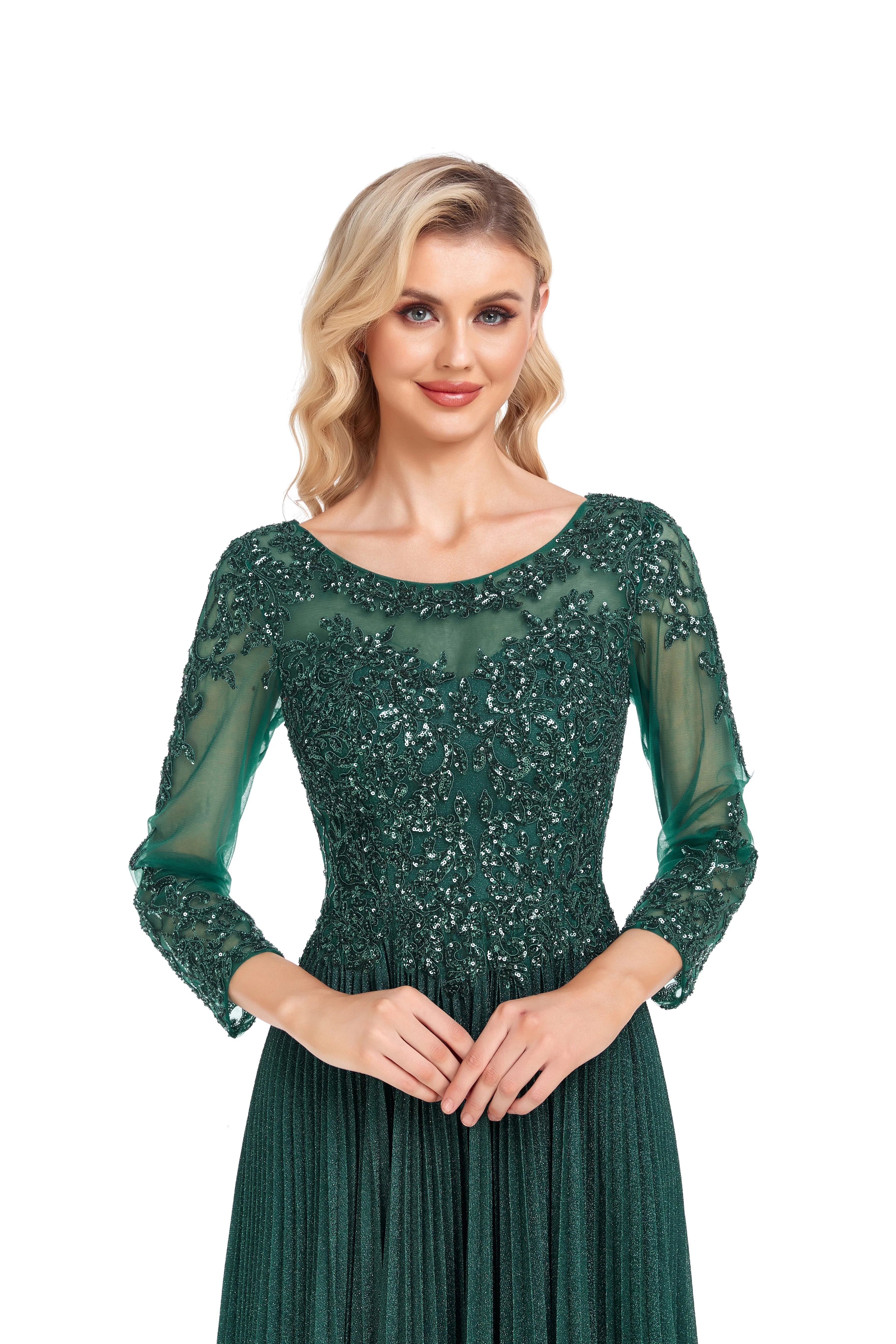 Wholesale Glittery A Line Green Scoop Neck Long Sleeves Floor Length Mother Of The Bride Dresses With Beaded