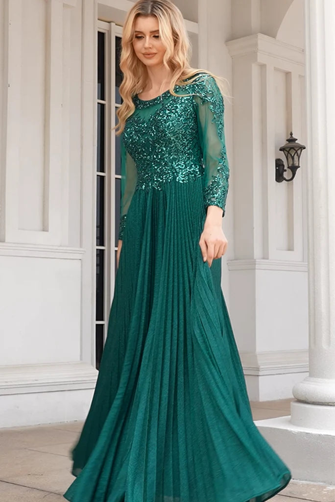 Wholesale Glittery A Line Green Scoop Neck Long Sleeves Floor Length Mother Of The Bride Dresses With Beaded