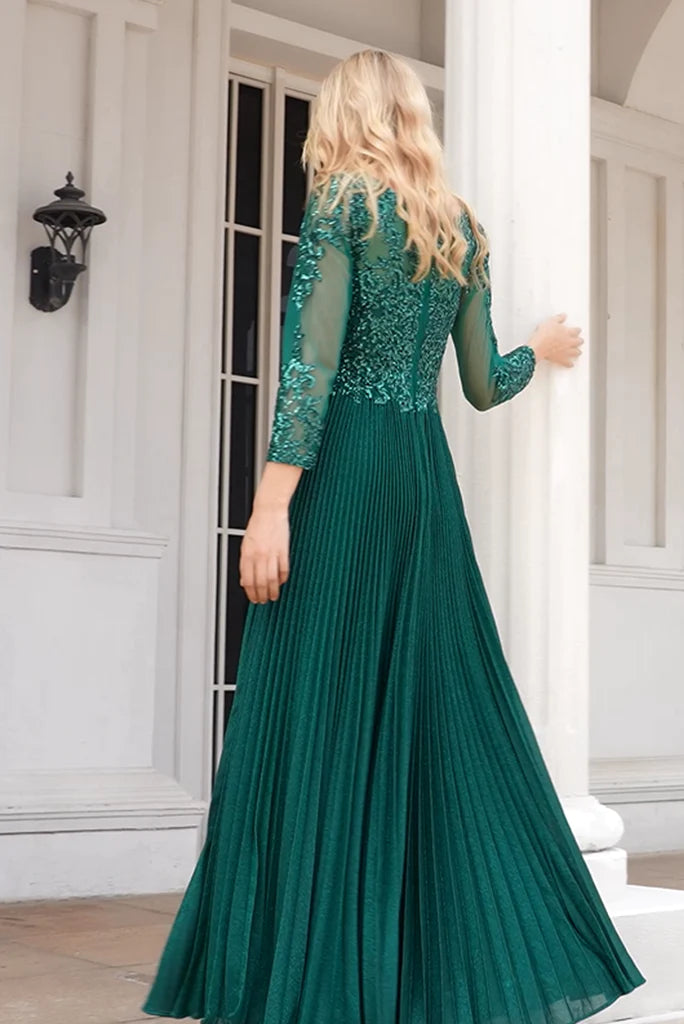 Wholesale Glittery A Line Green Scoop Neck Long Sleeves Floor Length Mother Of The Bride Dresses With Beaded
