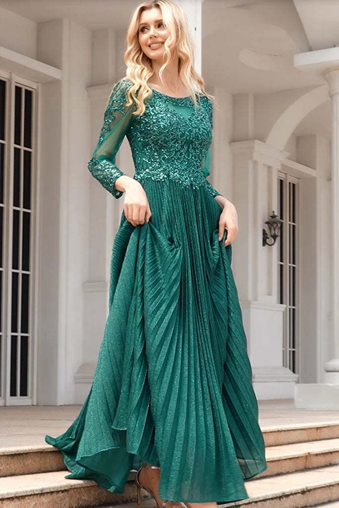 Wholesale Glittery A Line Green Scoop Neck Long Sleeves Floor Length Mother Of The Bride Dresses With Beaded