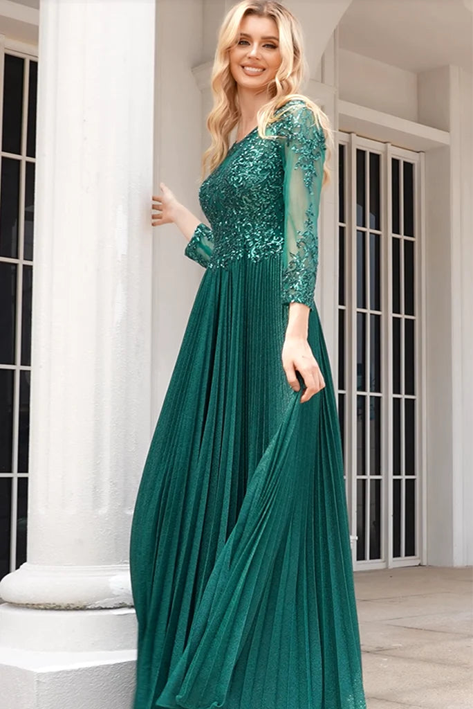 Wholesale Glittery A Line Green Scoop Neck Long Sleeves Floor Length Mother Of The Bride Dresses With Beaded