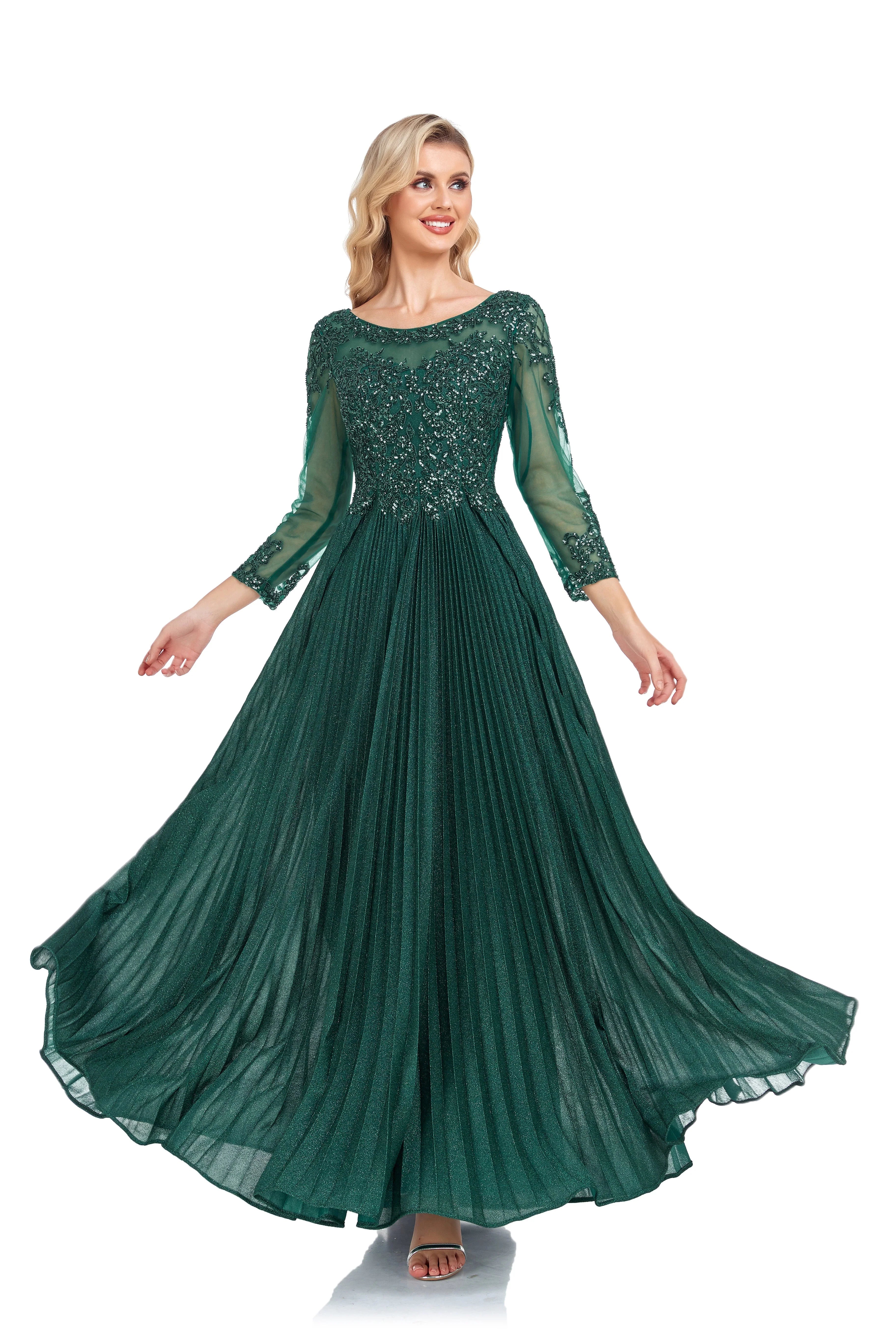 Wholesale Glittery A Line Green Scoop Neck Long Sleeves Floor Length Mother Of The Bride Dresses With Beaded