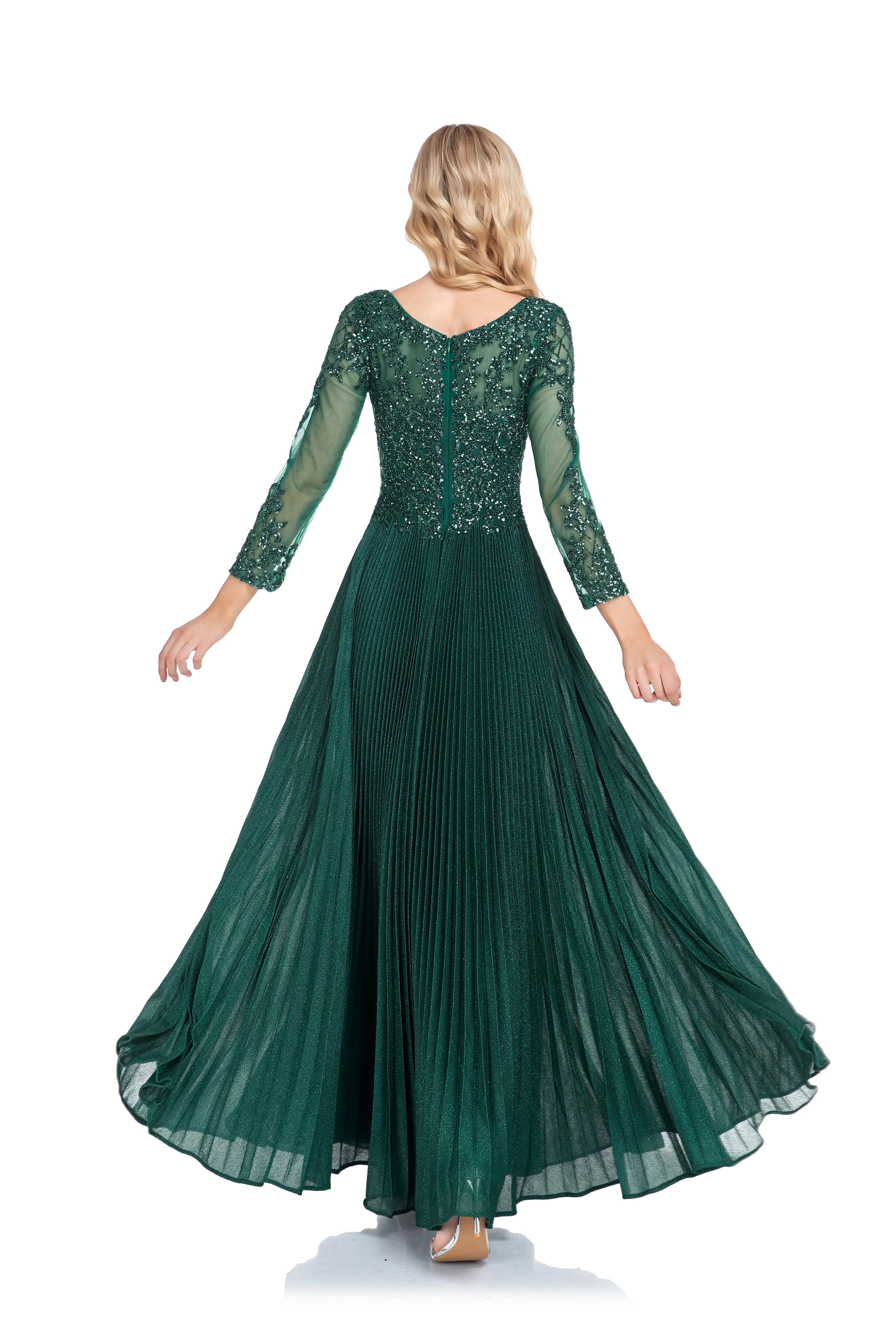 Wholesale Glittery A Line Green Scoop Neck Long Sleeves Floor Length Mother Of The Bride Dresses With Beaded