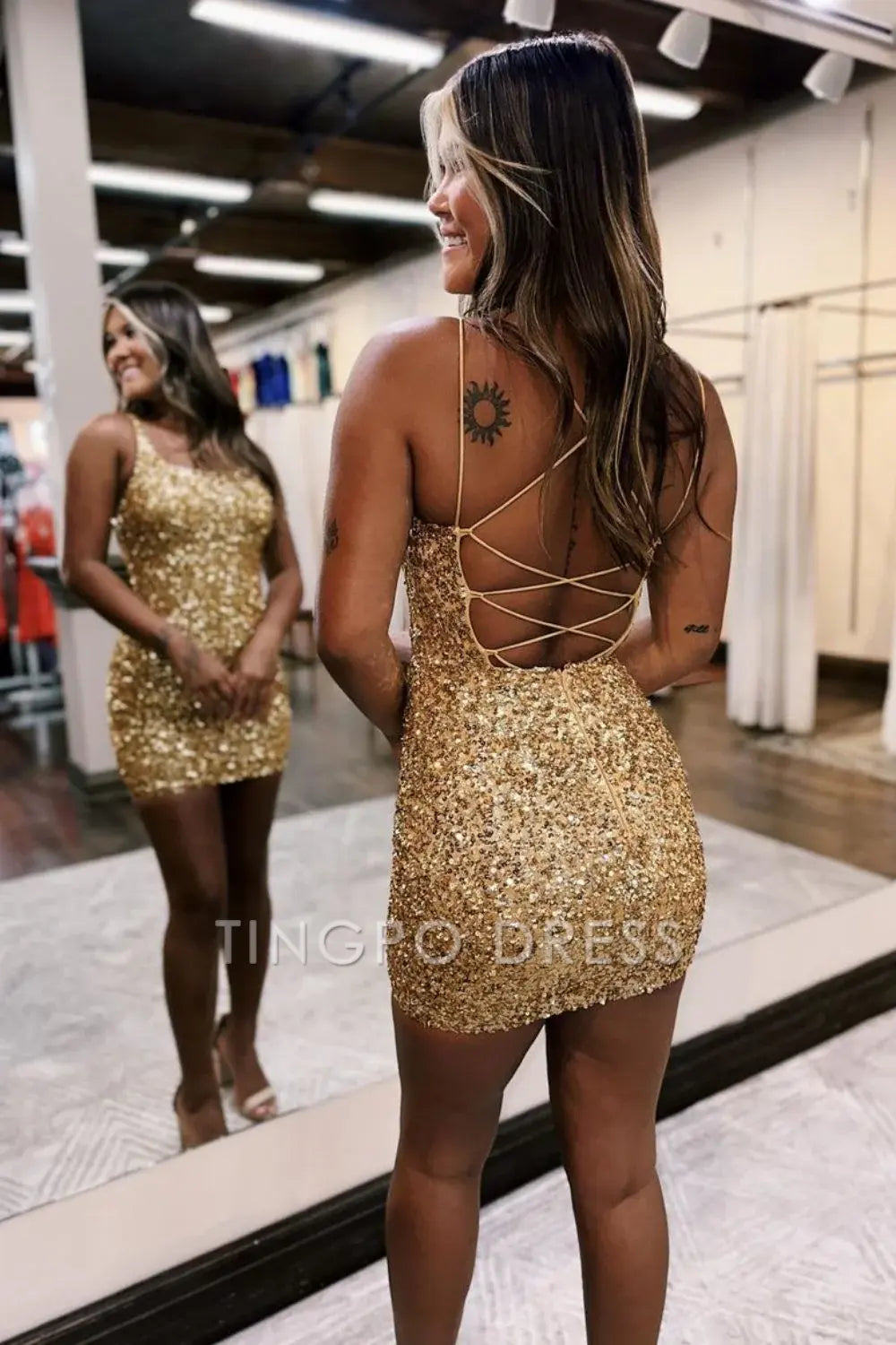 TingPo Wholesale Elegant Gold Sequin Bodycon Lace Up Short Homecoming Party Dress formal wear dresses