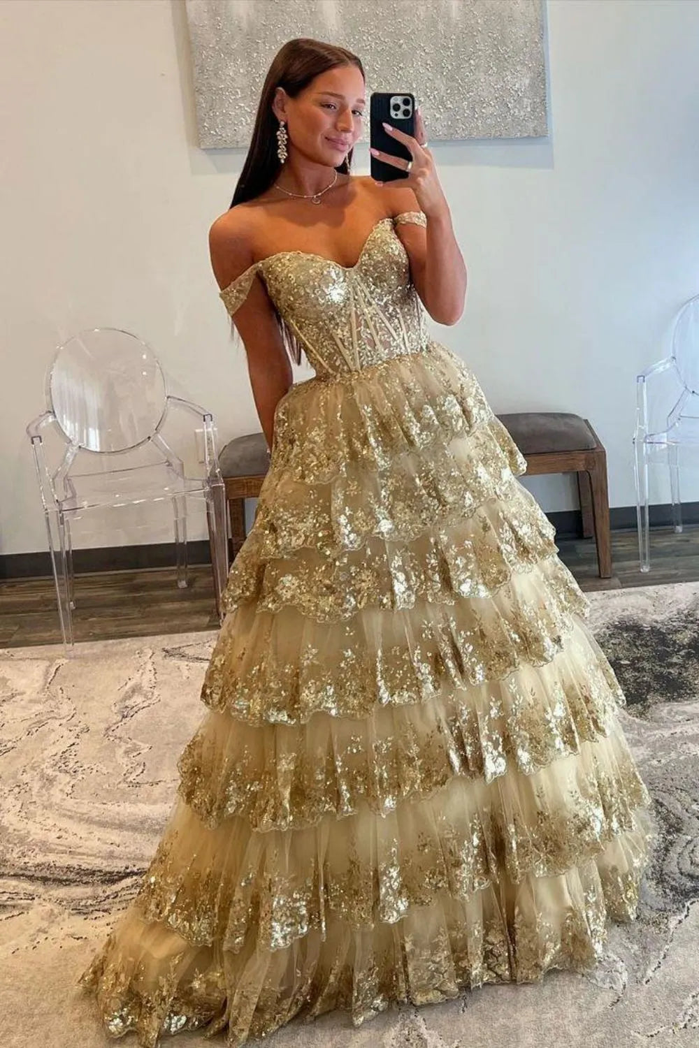 Wholesale Gorgeous Gold A-Line Off The Shoulder Lace Up Long Prom Dress with Sequin long prom dresses with sleeves