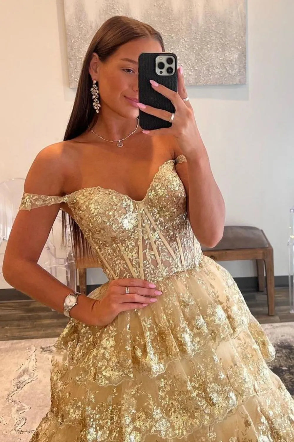 Wholesale Gorgeous Gold A-Line Off The Shoulder Lace Up Long Prom Dress with Sequin long prom dresses with sleeves