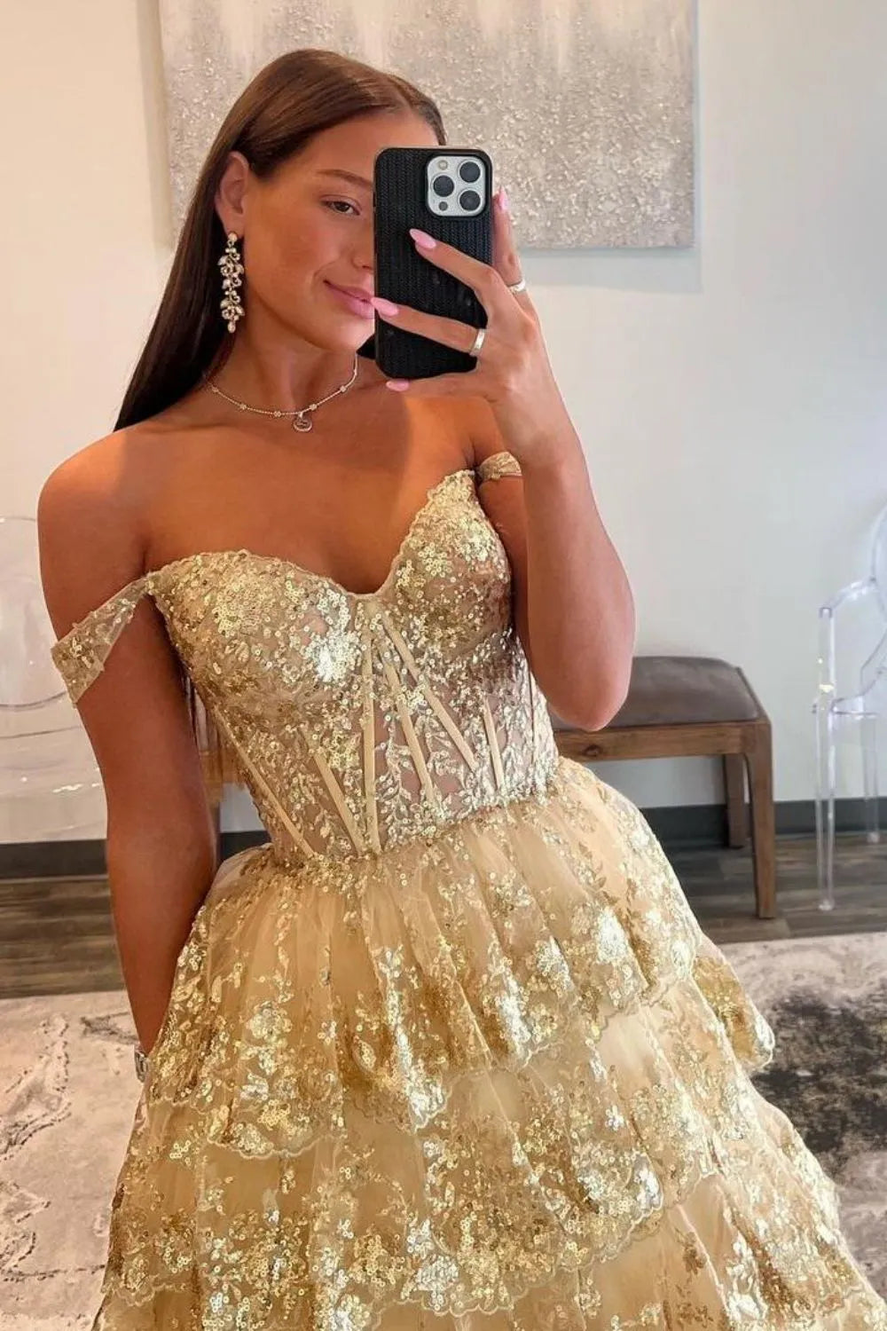 Wholesale Gorgeous Gold A-Line Off The Shoulder Lace Up Long Prom Dress with Sequin long prom dresses with sleeves