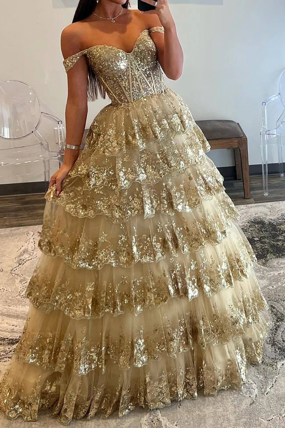 Wholesale Sparkly Gorgeous A-Line Off The Shoulder Long Prom Dress with Sequin Appliques long prom dresses with sleeves