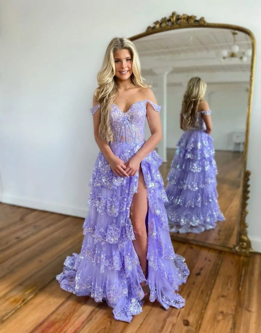 Wholesale Gorgeous A-Line Off The Shoulder Tiered Prom Dress With Split