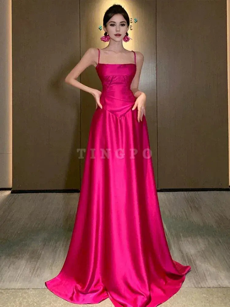 TingPo Wholesale Gorgeous A line Spaghetti Straps Hot Pink Long Evening Dress Prom Dresses Birthday Outfits