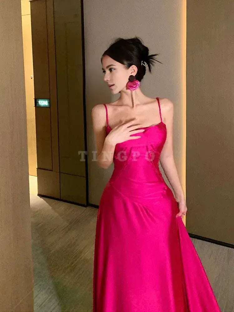 TingPo Wholesale Gorgeous A line Spaghetti Straps Hot Pink Long Evening Dress Prom Dresses Birthday Outfits