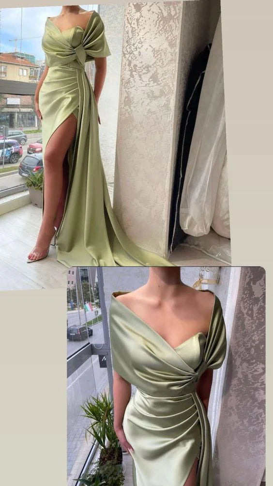 TingPo Wholesale Gorgeous Dusty Sage Portrait V-Neck Pleated Slit Prom Dress With Ruffle formal wear dresses