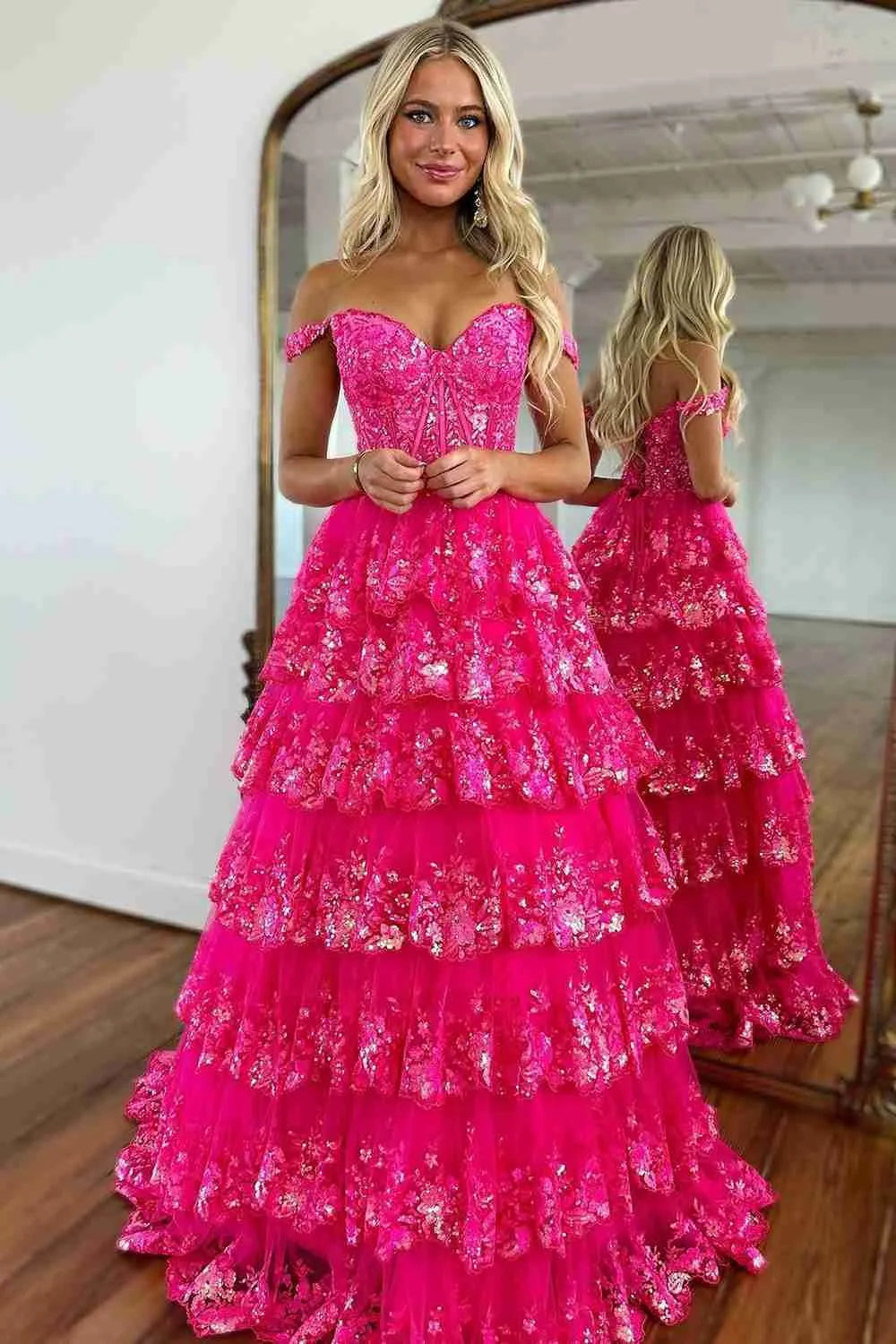 Wholesale Sparkly Gorgeous A-Line Off The Shoulder Long Prom Dress with Sequin Appliques long prom dresses with sleeves