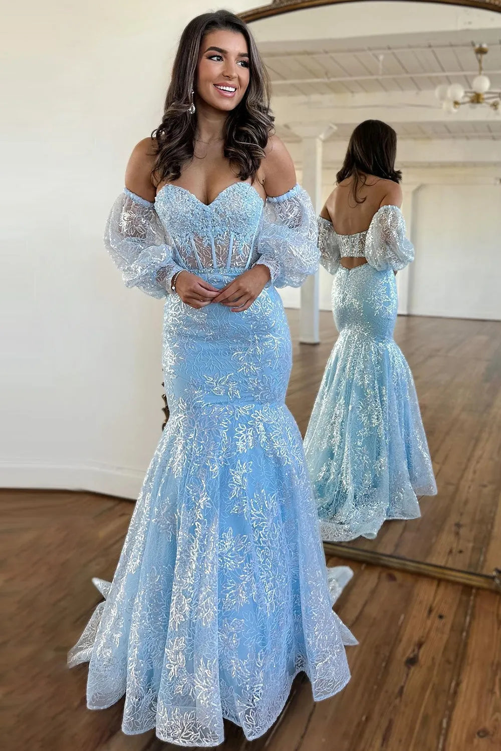 Wholesale Gorgeous Light Blue Mermaid Backless Long Prom Dress With Detachable Sleeves prom clothing