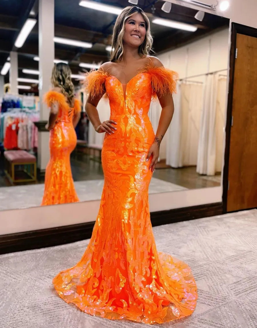 Wholesale Gorgeous Mermaid Feather Off The Shoulder Prom Dress