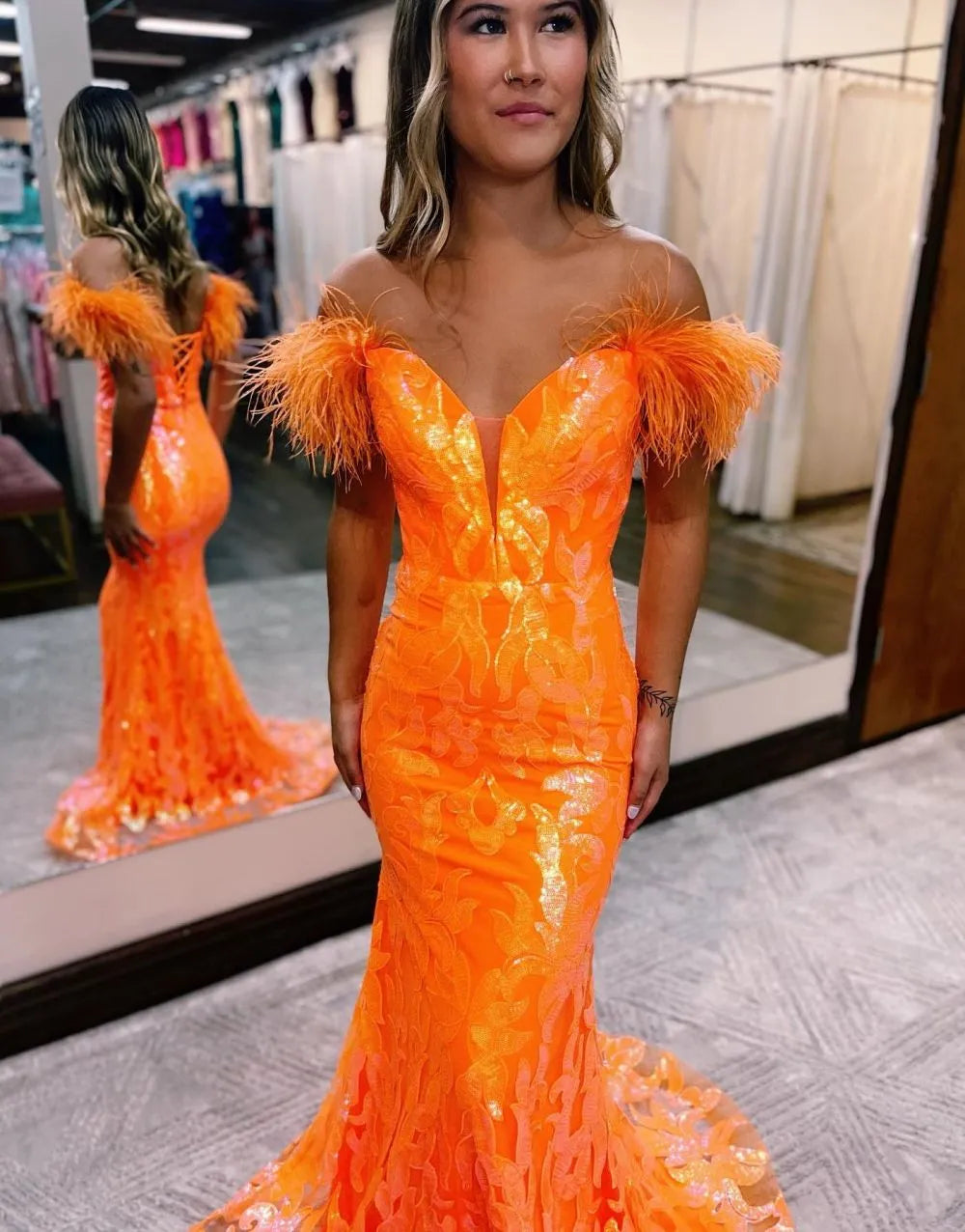 Wholesale Gorgeous Mermaid Feather Off The Shoulder Prom Dress