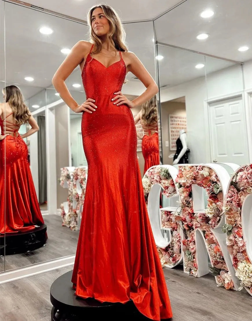 Wholesale Gorgeous Red Spaghetti Straps Corset Back Long Prom Dress long prom dresses with sleeves