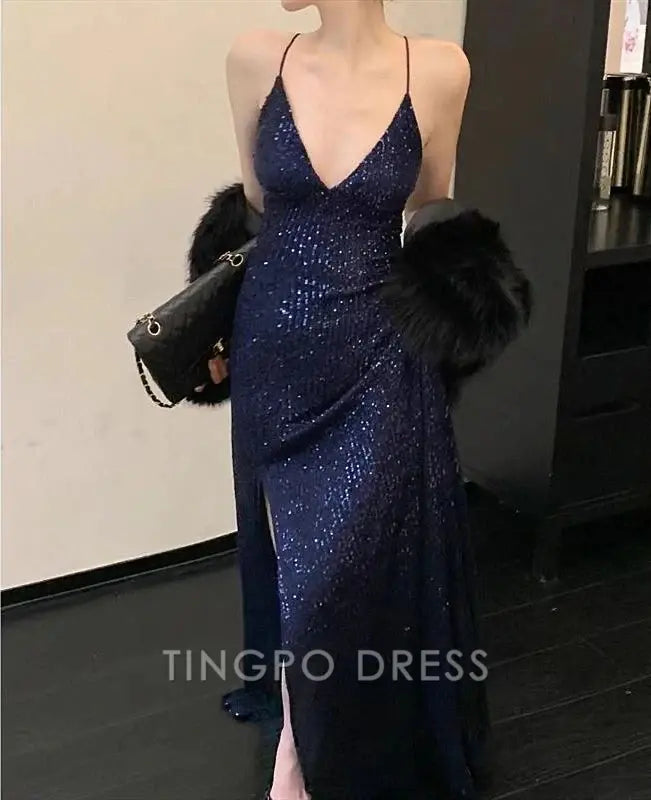 TingPo Wholesale Gorgeous Shiny Sequin Sexy Backless Evening Prom Dress Party Long Tight Dress
