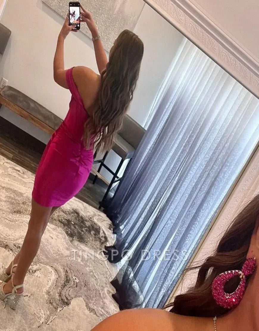 TingPo Wholesale Elegant Grape Off The Shoulder Short Satin Homecoming Dress formal wear dresses