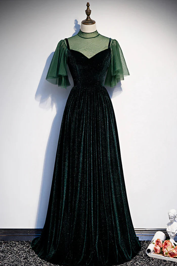 TingPo Wholesale Green Velvet Long A-Line Prom Dress Evening Dresses