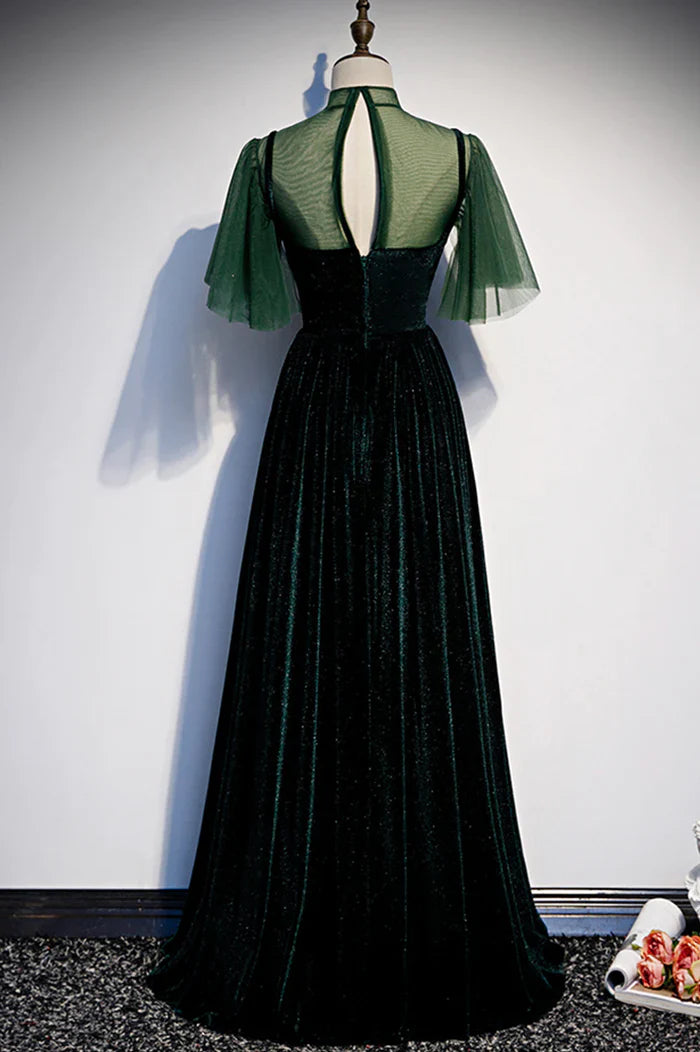 TingPo Wholesale Green Velvet Long A-Line Prom Dress Evening Dresses