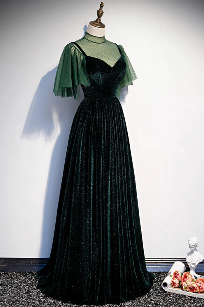 TingPo Wholesale Green Velvet Long A-Line Prom Dress Evening Dresses