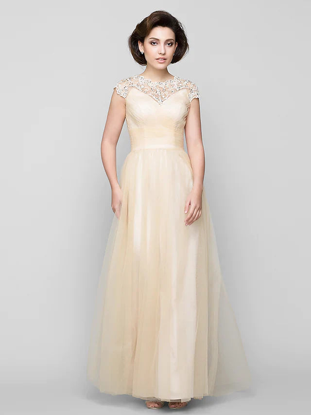 Wholesale A-Line Mother of the Bride Dress See Through Jewel Neck Floor Length Tulle Sleeveless with Criss Cross Beading
