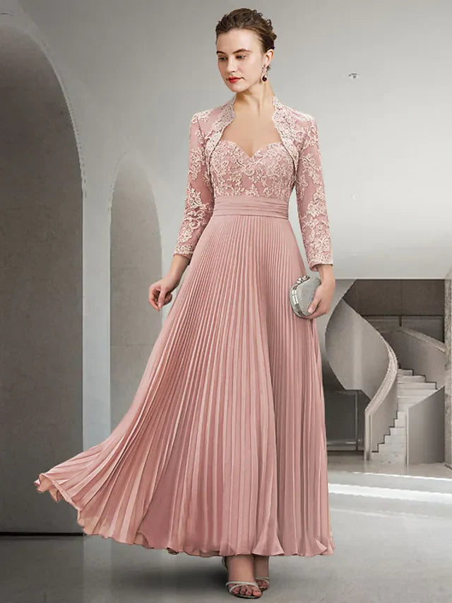Wholesale Two Piece A-Line Mother of the Bride Dress Elegant Sweetheart Neckline Floor Length Chiffon Lace Long Sleeve with Pleats Appliques